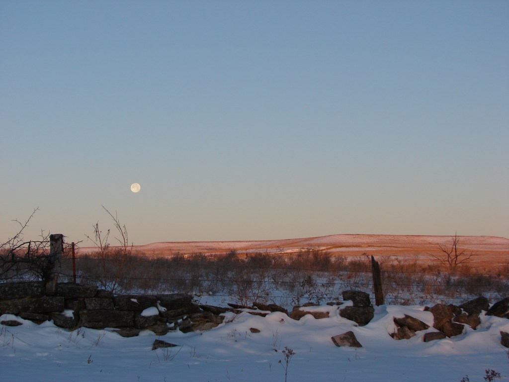 Moon Over Sunlit Hills (and remnants of stone fence). Photo credit by Nancy Crenshaw-Miller